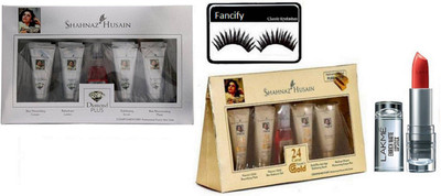 

Fancify Eyelashes , Shahnaz Husain Gold & Diamond Facial kit , Lakme Lipstick(Set of 4)