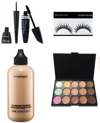 

Blushinsta Combo of Mac liner,mascara, Mac 15 shade palatte, mac face and body foundation with eyelashes(Set of 5)