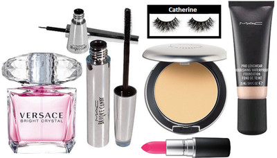 

catherine eyelashes, Mac studio perfect compact, pro long wear foundation, brooke candy eyeliner and mascara, finish matte listick, versace bright crystal spray(Set of 7)