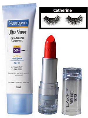 

catherine Eyelashes, Neutrogena Ultra Sheer SPF 50+ Dry-Touch Sunblock Suncream, Lakme Enrich Matte Lipstick(Set of 3)