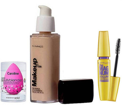 

caroline Sponge Puff, Mac makeup pro long wear foundation & Maybelline The MugNum Volume Express Mascara(Set of 3)