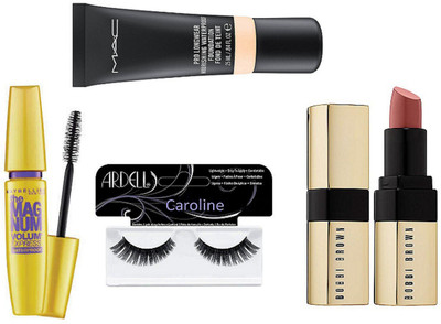 

caroline Eyelashes, Mac pro long wear Nourishing foundation, Bobbi Brown New Shade Lipstick & Maybelline The MugNum Volume Express Mascara(Set of 4)