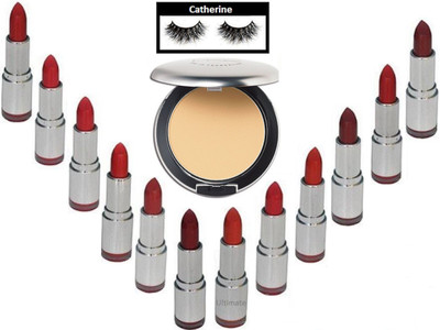 

catherine eyelashes, colorbar matte finish matte lipstick pack of 12, Mac studio perfect compact(Set of 14)