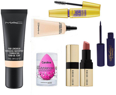 

caroline Sponge Puff,Mac Pro Long Wear Nourishing Foundation, Select Cover-Up, Maybelline The Mug Num Volume Express Mascara, Padma Eyeliner & Bobbi Brown New Shade Lipstick(Set of 6)
