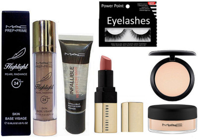 

POWER POINT Eyelashes, Mac skin base visage highlight, Inffallible primer, Loose powder and Compact + Bobbi brown nude shade lipstick(Set of 6)