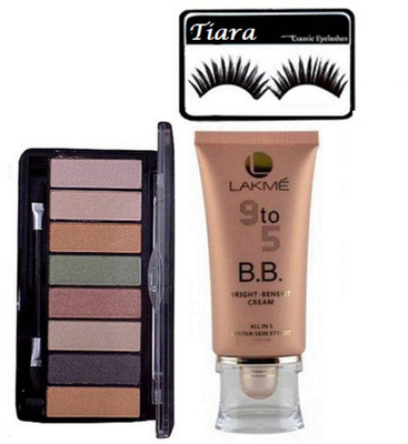 

tiara Eyelashes,Mac 8 shades Eyeshadow palette,Lakme 9to5 B.B Cream(Set of 3)