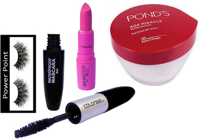 

POWER POINT eyelashes, color bar two in one liner & mascara , mac giambattista lipstick and pond's miracle day cream ( set of 4 )(Set of 4)