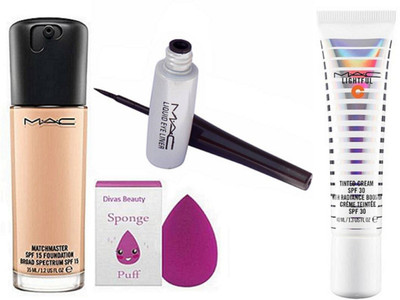 

divas beauty Sponge Puff With Matchmaster Foundation With Liquid Eyeliner, Lightful Tinted Cream Foundation(Set of 4)