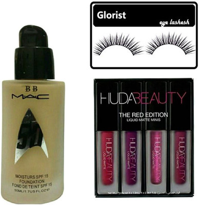 

glorist eyelash and BB MAC moisture spf 15 foundation (50 ml) & the red edition liquid matte minis lipstick set of 4 (1.9 ml)(Set of 3)