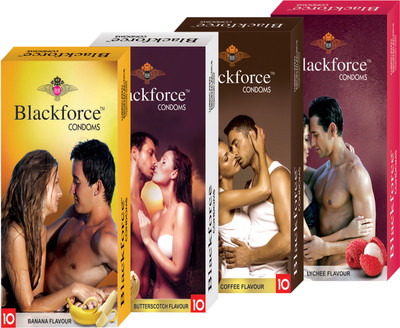 BLACKFORCE BANANA,BUTTERSCOTCH,COFFEE AND LYCHEE 40 PCS IN 4 PACK (COMBO) EXTRA DOTTED Condom(Set of 4, 40S)