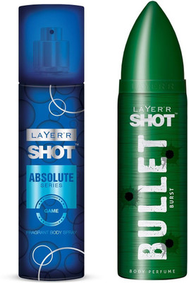 

Layer Shot Bullet BURST 1pc. & Absolute GAME 1pc. Pack of 2 Deodorant Spray - For Men(255 ml, Pack of 2)