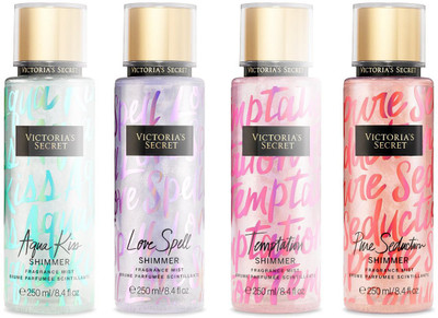 

Victoria Secret PURE SEDUCTION,AQUA KISS,TEMPTATION,LOVE SPELL,SHIMMER BODY MIST COMBO 250 ML X 4 PICS Body Mist - For Women(1000 ml, Pack of 4)