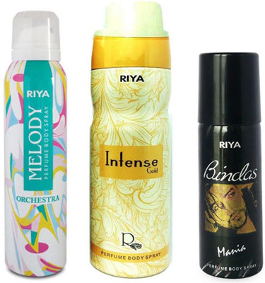 

Riya MELODY PERFUME BODY SPRAY 1 50ML+INTENSE GOLD PERFUME BODY SPRAY 200ML+BINDAS MANIA PERFUME BODY SPRAY 150ML Deodorant Spray - For Men(150 ml, Pack of 3)