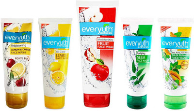 

EVERYUTH NATURALS PURIFYING NEEM FACE WASH 50GM+ ANTI ACNE, ANTI MARKS TULSI TURMERIC FACE WASH 50GM+ MOISTURIZING FRUIT FACE WASH 100GM+ OIL CLEAR LEMON FACE WASH 50GM+ BRIGHTENING LEMON & CHERRY ANTI TAN FACE WASH 50GM Face Wash(100)