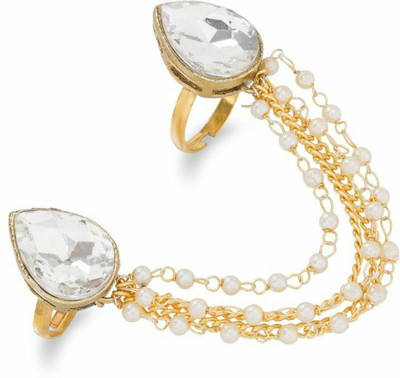 Style Gallery Double finger Pearl link chain TwoFinger Ring Alloy Pearl, Crystal Gold Plated Chain Ring - Multi Finger