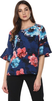 MAYRA Casual 3/4 Sleeve Floral Print Women Blue Top