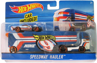 

Hot Wheels Speedway Hauler Blue, Orange City Rig - White Transporter & Car(Blue)