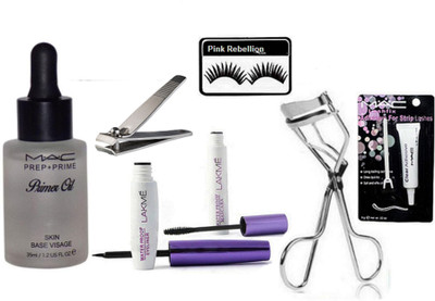 

Pink Rebellion Eyelashes & Prep+Prime Primer Oil & Eyeliner+Mascara & Nail Cutter With Eyelashes Curler & Eyelashes Glue(Set of 7)
