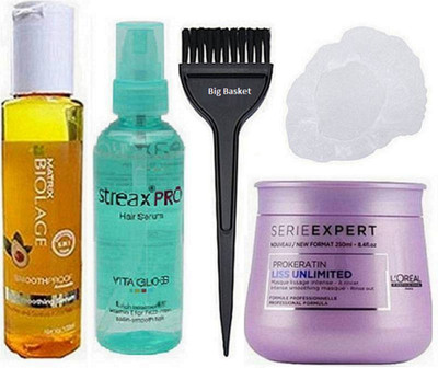 

big Basket Hair Brush & Shower Cap Biolage & Streax Pro Hair Serum, L'oreal Liss unlimited Masque(Set of 5)