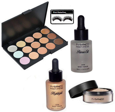 

Pink rebellion Eyelashes & Mac 15 Shades Concealer Palette & Loose powder & Prep+Prime Highlight & Primer Oil(Set of 5)
