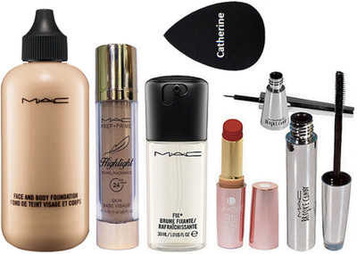 

Catherine sponge puff, face and body foundation, fix brume fixante rafraichissante, prep+prime highlighter, brooke candy eyeliner and mascara, lakme 9to5 lipstick(Set of 7)