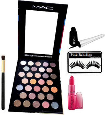 

Pink Rebellion Eyelashes & Mac Makeup 32 Professional Multi Colour Eye Shadows Palette, Brush, liquid Eyeliner, Giambattista Valli Paris Lipstick (Set of 5)(Set of 5)