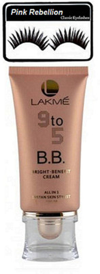 

Pink Rebellion Eyelashes & Lakme 9 to 5 B.B Bright Benefit cream(Set of 2)
