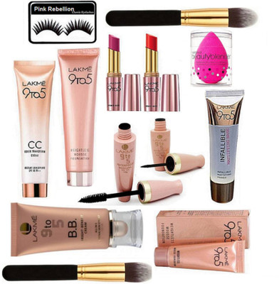 

Pink rebellion Eyelashes & Lakme 9 To 5 CC Cream & Weightless Mousse Foundation (Pack Of 2) & Eyeliner+Mascara & Infallible Primer & BB Bright Benefit Cream & Lipstick (Pack Of 2) & Sponge Puff With Makeup Brush (Pack Of 2)(Set of 13)