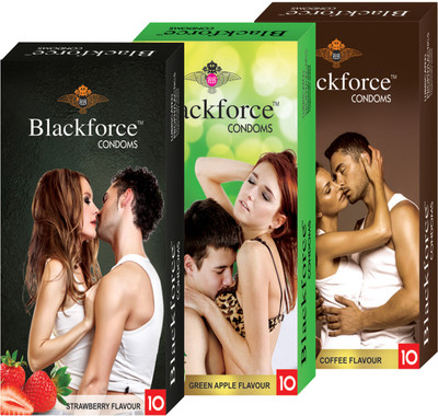 

BLACKFORCE STRAWBERRY,GREEN APPLE AND COFFEE 30 PCS IN 3 PACK (COMBO) EXTRA DOTTED Condom(Set of 3, 30S)