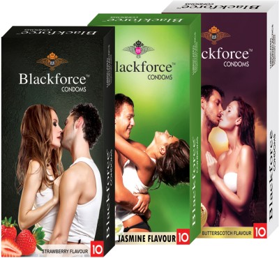 

BLACKFORCE STRAWBERRY,JASMINE AND BUTTERSCOTCH 30 PCS IN 3 PACK (COMBO) EXTRA DOTTED Condom(Set of 3, 30S)