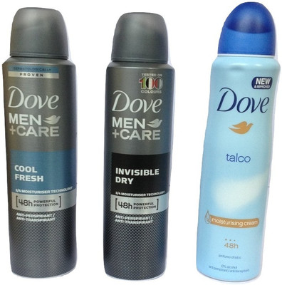 

Dove COOL FRESH INVISIBLE DRY AND TALCO PACK 3 Body Spray - For Men & Women(450 ml, Pack of 3)