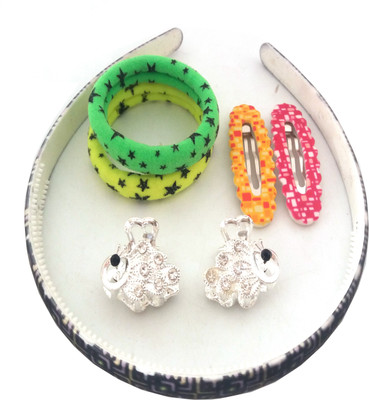 

FASHIONABLE COMBO OF HAIR BAND,PRINTED TIC TAC CLIP,BEAUTIFUL SMALL SILVER COLOR HAIR CLUTCHER WITH STONE AND RUBBER BAND Hair Claw, Tic Tac Clip, Rubber Band, Hair Band(Multicolor)