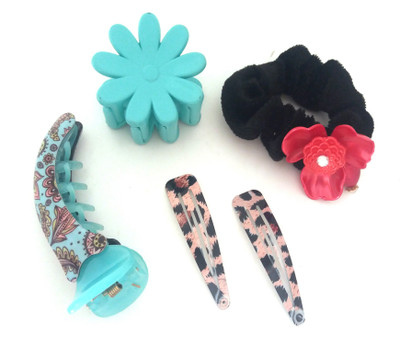 

FASHIONABLE Combo of 1 Big Banana Clip,Clutcher,Printed Tic Tac Clip and Black Flower with pearl Rubber Band Hair Claw, Banana Clip, Rubber Band, Tic Tac Clip(Multicolor)