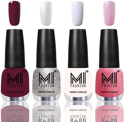 

MI Fashion Among the Best Ever Shine Nail Polish Long Lasting Collection of 4 Pcs Wine,Metallic Silver,Milky White,Metallic Pink(Pack of 4)