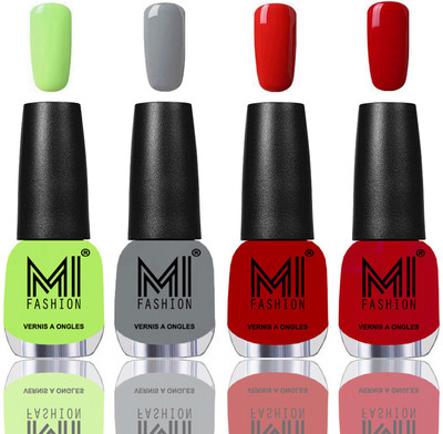 

MI Fashion Among the Best Ever Shine Nail Polish Long Lasting Collection of 4 Pcs Parrot Green,Grey,Reddish Orange,Tomato Red(Pack of 4)