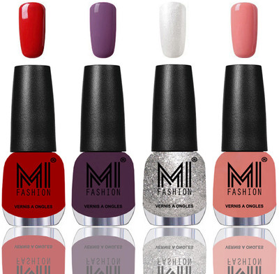 

MI Fashion Among the Best Ever Shine Nail Polish Long Lasting Collection of 4 Pcs Red,Dark Purple,Metallic Silver,Candy Cotton(Pack of 4)