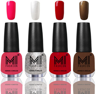 

MI Fashion Among the Best Ever Shine Nail Polish Long Lasting Collection of 4 Pcs Neon Pink,Metallic Silver,Tomato Red,Brown Coffee(Pack of 4)