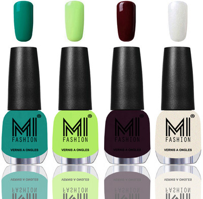 MI Fashion Among the Best Ever Shine Nail Polish Long Lasting Collection of 4 Pcs Sea Green,Parrot Green,Wine Maroon,Pearly White Chrome(Pack of 4)