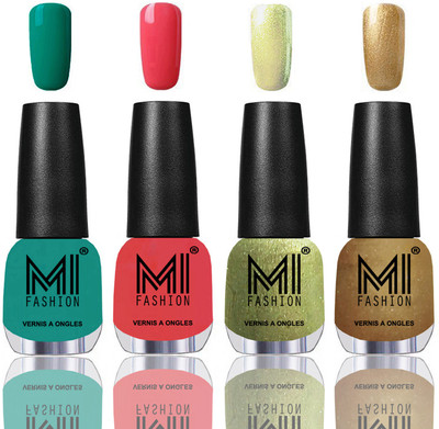 

MI Fashion Among the Best Ever Shine Nail Polish Long Lasting Collection of 4 Pcs Sea Green,Light Pink,Metallic Olive Green,Golden(Pack of 4)