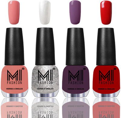 

MI Fashion Among the Best Ever Shine Nail Polish Long Lasting Collection of 4 Pcs Candy Cotton,Metallic Silver,Dark Purple,Red(Pack of 4)