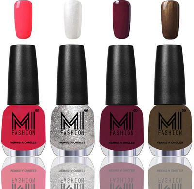 

MI Fashion Among the Best Ever Shine Nail Polish Long Lasting Collection of 4 Pcs Carrot Red,Metallic Silver,Wine,Metallic Coffee(Pack of 4)