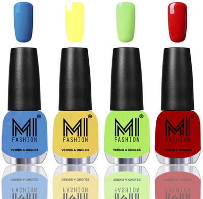 

MI Fashion Among the Best Ever Shine Nail Polish Long Lasting Collection of 4 Pcs Ocean Blue,Yellow,Parrot Green,Red(Pack of 4)