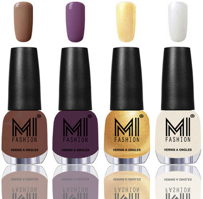 

MI Fashion Among the Best Ever Shine Nail Polish Long Lasting Collection of 4 Pcs Dark Nude,Dark Purple,Metallic Golden,Pearly White Chrome(Pack of 4)