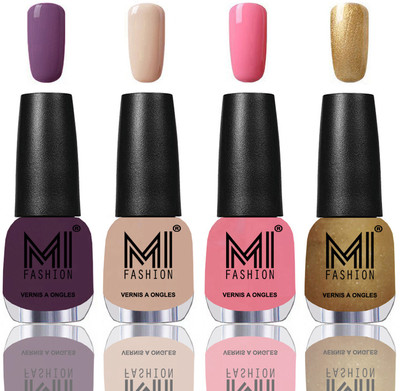 

MI Fashion Among the Best Ever Shine Nail Polish Long Lasting Collection of 4 Pcs Dark Purple,Sweet Nude,Light Pink,Golden(Pack of 4)
