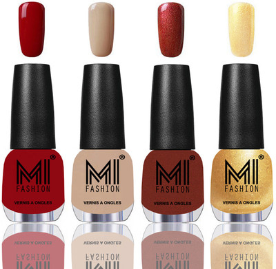 

MI Fashion Among the Best Ever Shine Nail Polish Long Lasting Collection of 4 Pcs Red,Skin Nude,Reddish bronze,Metallic Golden(Pack of 4)
