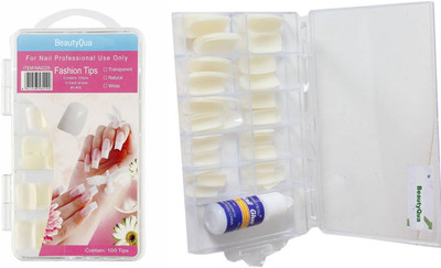 

BeautyQua Artificial Nails Extension 100 Tips for Professional and Personal Use ( 100 Tips Fake Nails) With Glue pale White(Pack of 100)