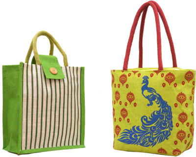 

AGGDA **2 BAGs COMBO**Women Waterproof Jute Peacock with Feathers Printed Tote Shoulder Bag Handbag Eco-Friendly with && Green Stripes Printed with Rope Handle Jute Tiffin Lunch Handbag. … Waterproof Multipurpose Bag(Multicolor, 16 L)