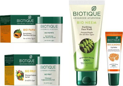 

BIOTIQUE BIO Neem Purifying Face Wash, Papaya Revitalizing Tan-Removal Scrub, Fruit Whitening & Depigmentation Face Pack ,Lip Balm(Set of 4)