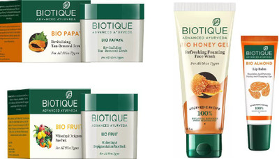 

BIOTIQUE BIO Honey Gel Face Wash, Papaya Revitalizing Tan-Removal Scrub, Fruit Whitening & Depigmentation Face Pack , LIP BALM(Set of 4)