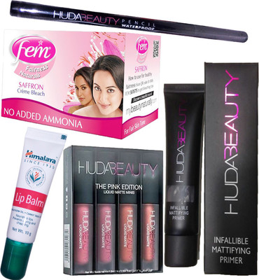 

Fem Saffron Creme Bleach With Himalaya Herbal Lip Care Balm& Tube Or Primer 35 ml & Waterproof Eyeliner With Stay For 36 hrs & Mini Matte Pink Edition Lipstick (Peck Of 5)(Set of 8)
